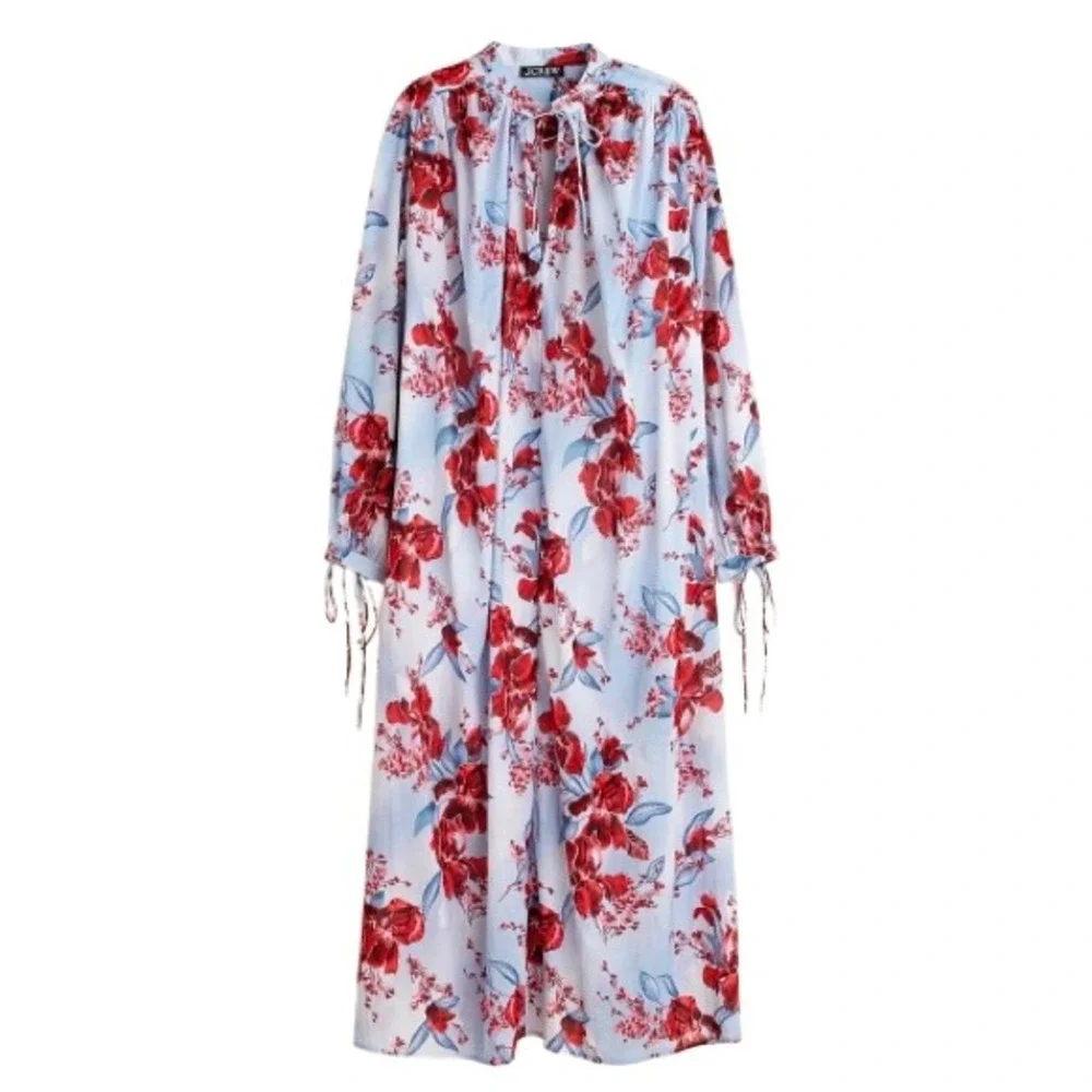 J. CREW Floral Organic Cotton Voile Tie-Neck Maxi Dress Blue Red Resort Boho | M